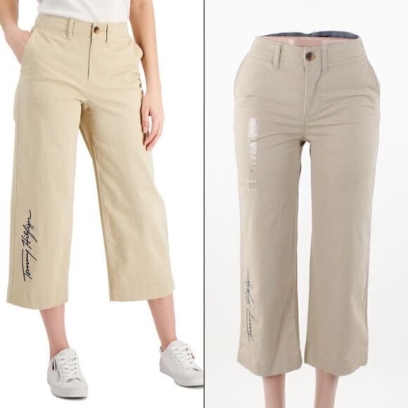 Tommy Hilfiger Wide-Leg Logo-Print Cropped Pants in Khaki - Picture 1 of 5